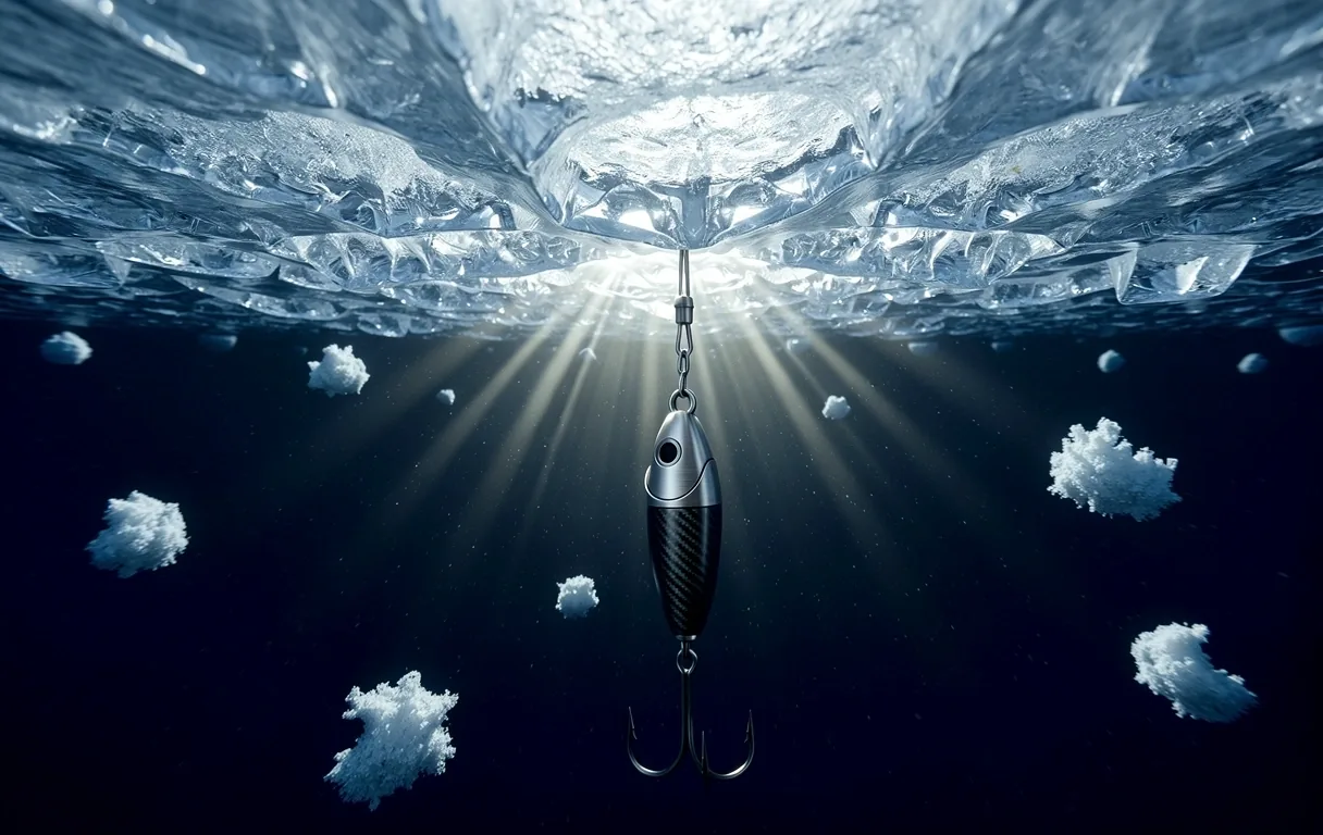 Submerged perspective of an arctic fishing lure
